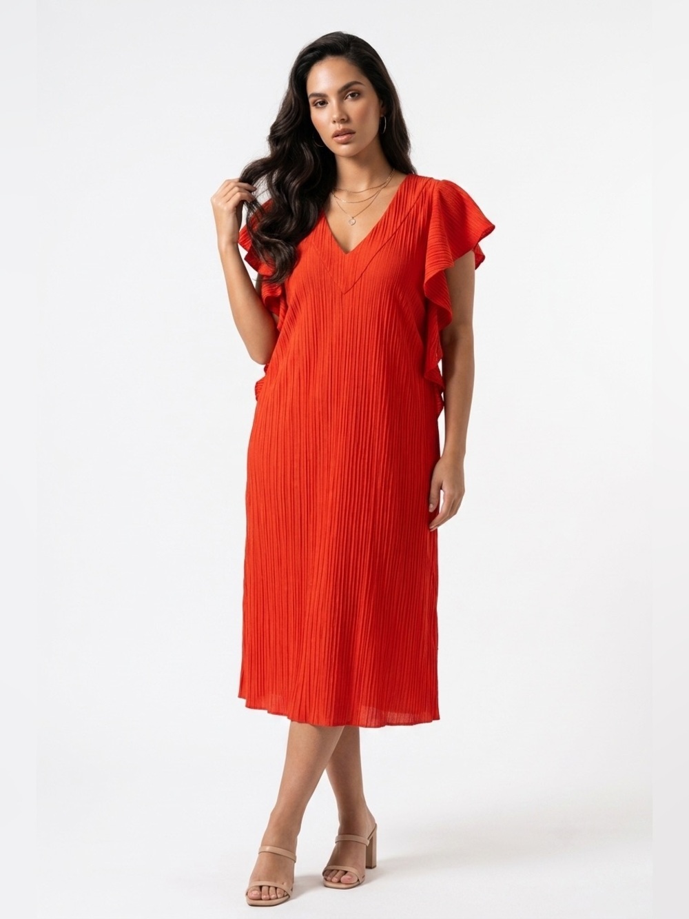 Sandra Darren Vibrant Red V-Neck Maxi Dress with Ruffle Sleeves and pockets